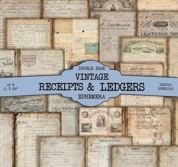 Collage of handwritten vintage receipts, ledgers, and business ephemera